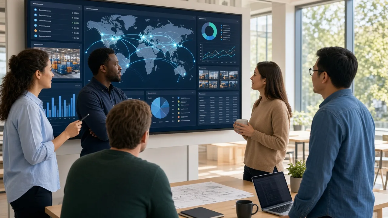 Logistics team managing shipments transportation warehouses tracking and analytics through connected digital software