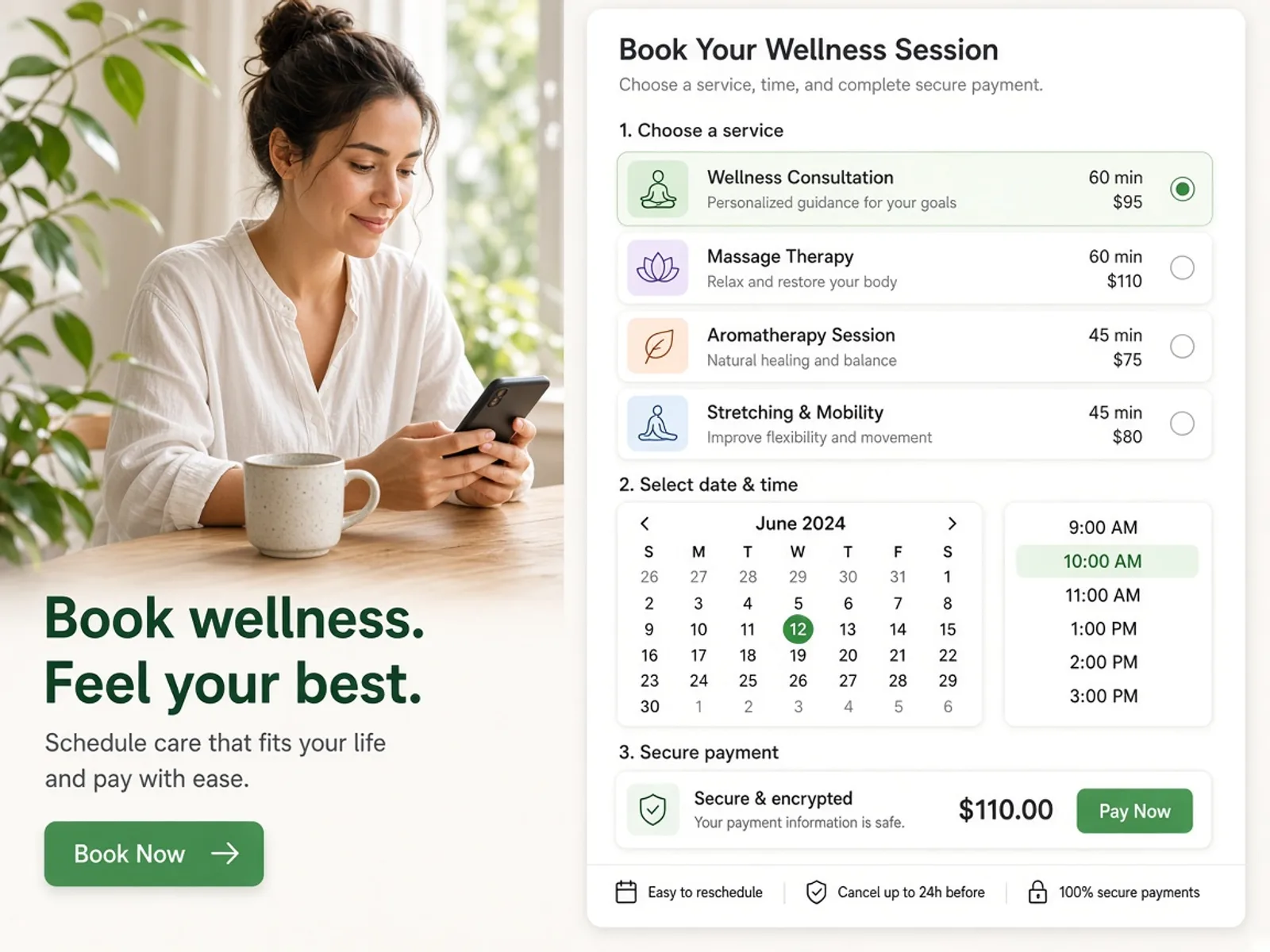 Massage booking app concept showing therapist scheduling, customer appointments, wellness services, payments, and business management tools
