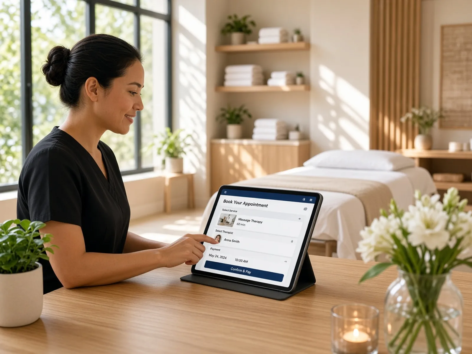 Massage booking technology connecting customers, therapists, appointments, payments, service management, and business analytics
