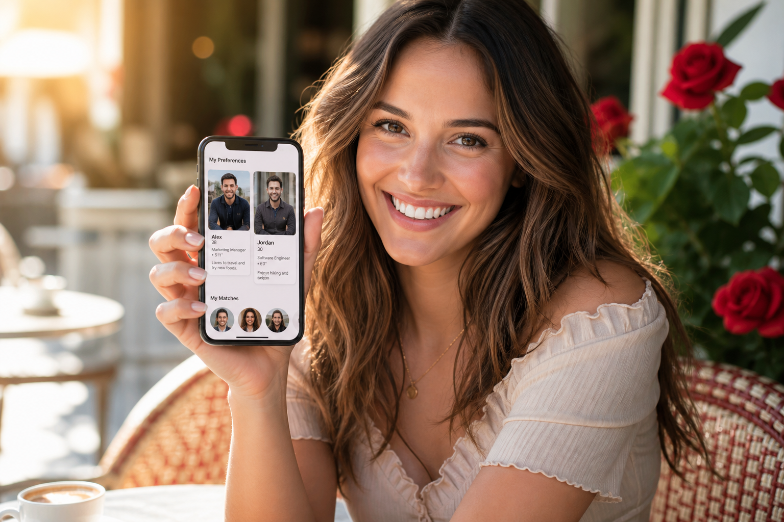 People using a matchmaking app with personalized profiles preferences smart matching discovery chat and recommendations in a bright modern social setting