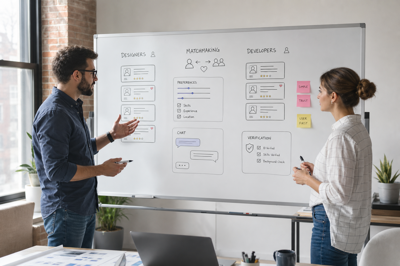 Matchmaking app development team planning user profiles preferences smart matching discovery chat verification subscriptions analytics AI privacy and administration