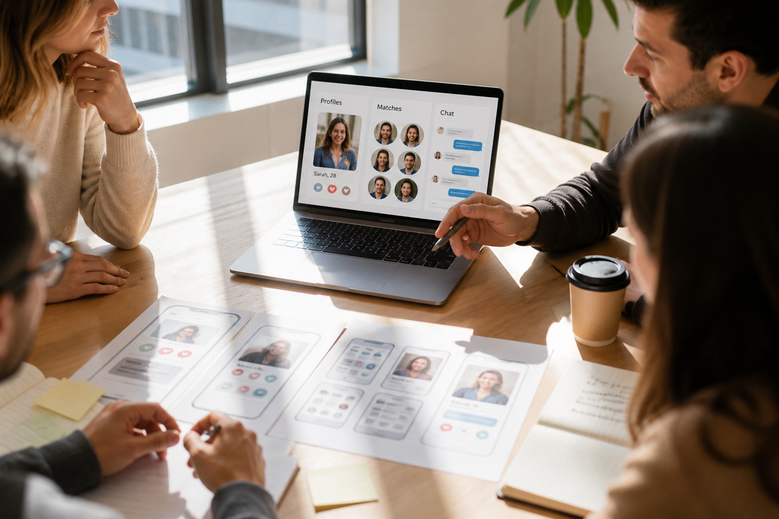 Matchmaking app development team planning profiles preferences smart matching discovery chat verification subscriptions analytics AI security and administration