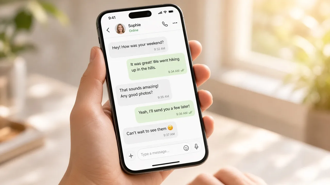 Messaging app concept showing real time conversations, voice calls, video calls, media sharing, notifications, and privacy controls
