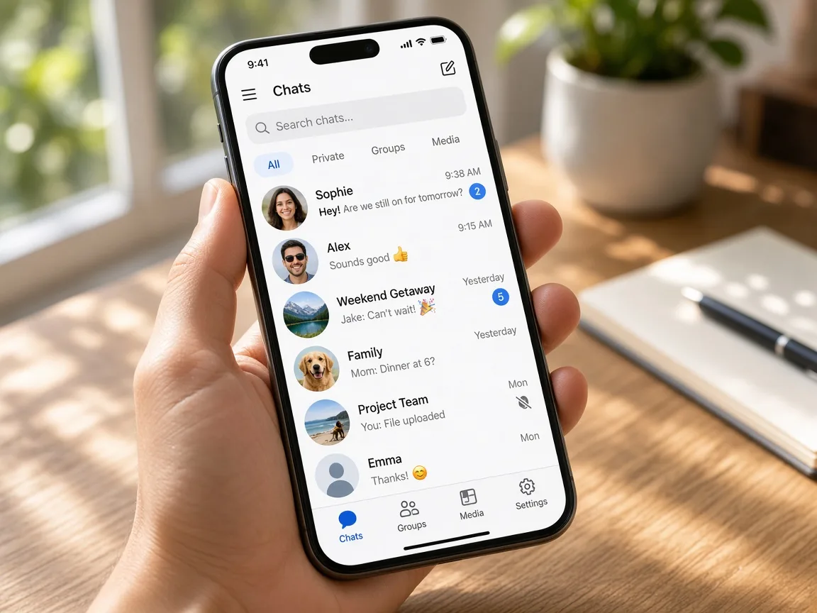Custom messaging application with private chats, group conversations, media sharing, notifications, and user profiles
