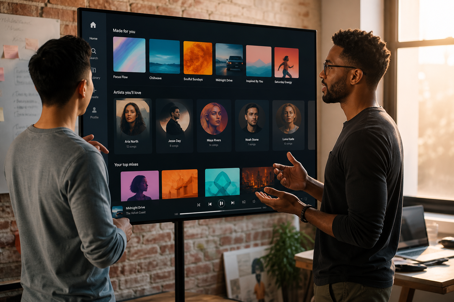 Music streaming technology team planning on demand playlists podcasts live audio subscriptions DRM and analytics