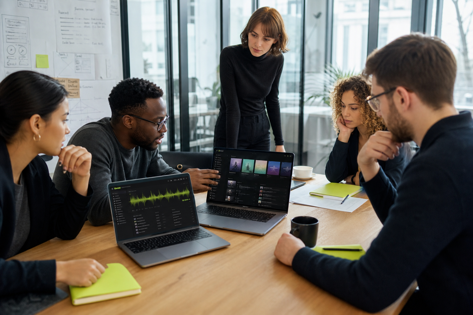 Music streaming technology team planning on demand playlists podcasts live audio subscriptions DRM and analytics