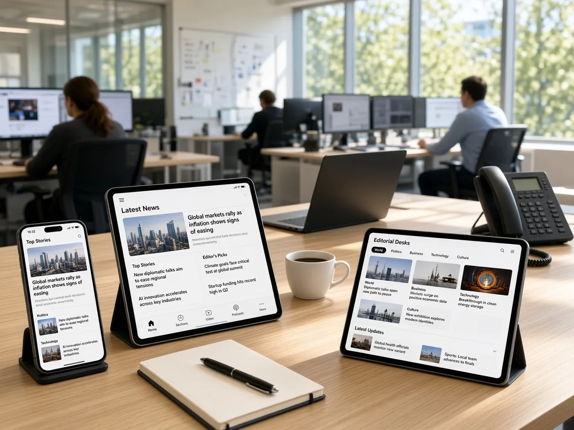 Modern news platform connecting readers, journalists, editors, breaking alerts, subscriptions, multimedia content, and analytics