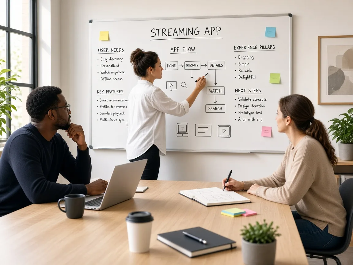 OTT app concept showing video catalogs, live streaming, subscriptions, content management, secure delivery, and analytics