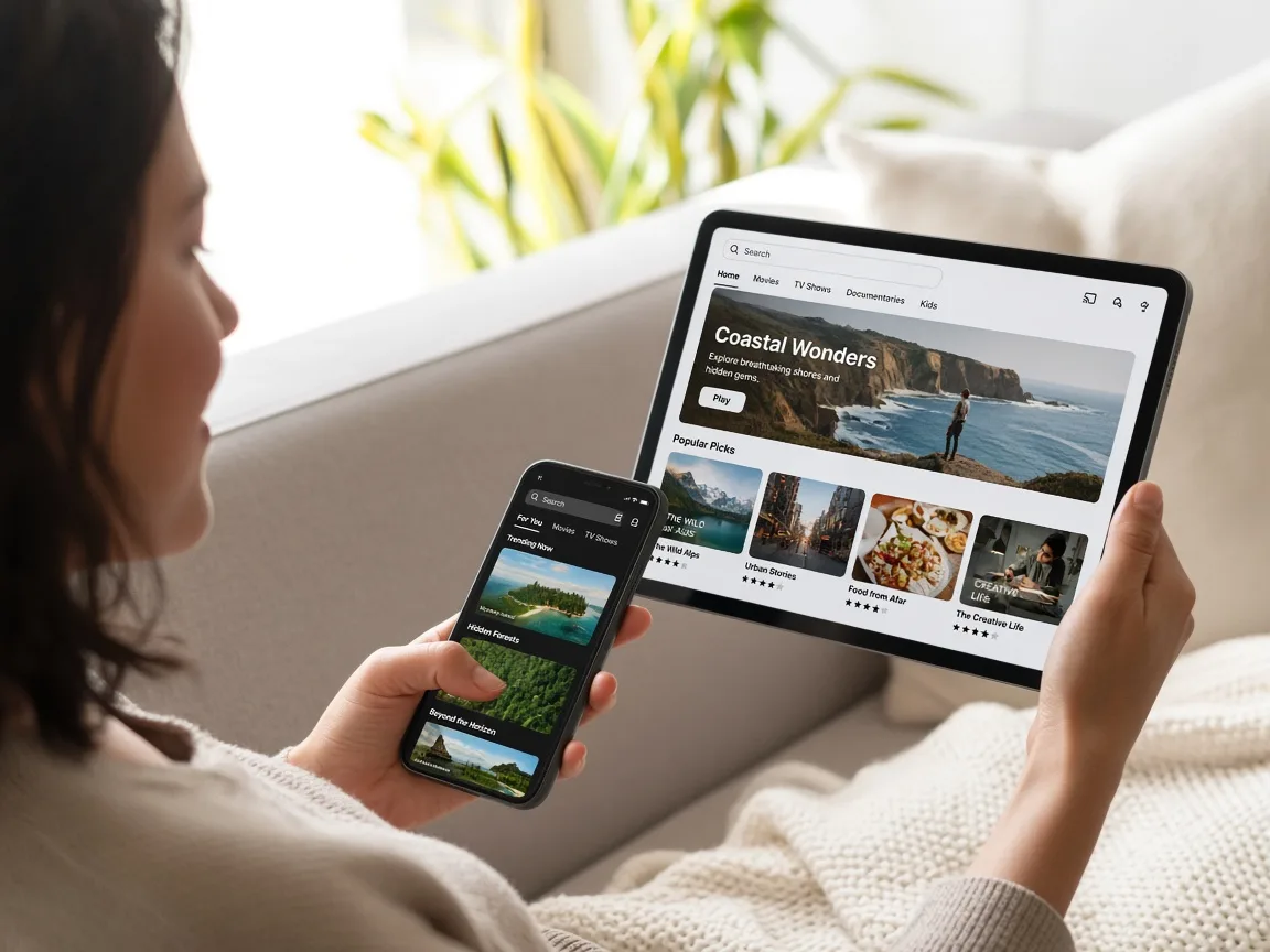 Custom OTT app showing personalized catalogs, watchlists, multi profile accounts, adaptive playback, and notifications
