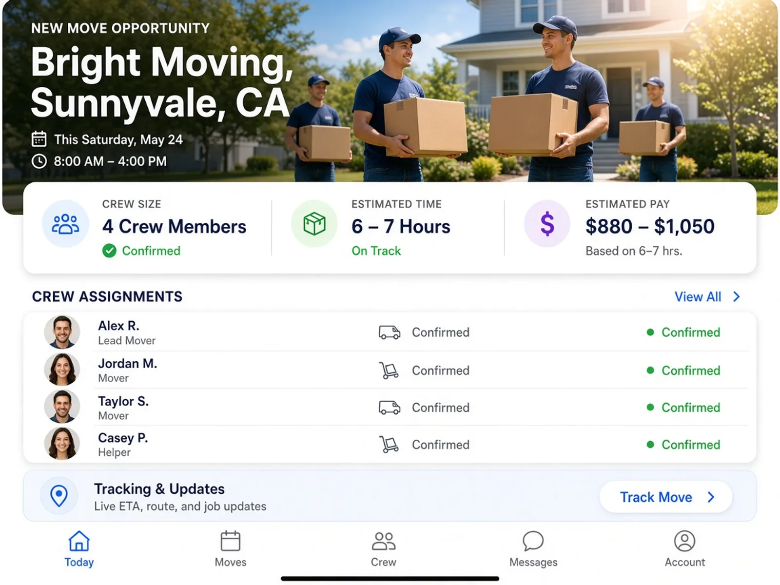 Packers and movers app concept showing bookings, moving estimates, driver assignments, payments, customer communication, and live tracking