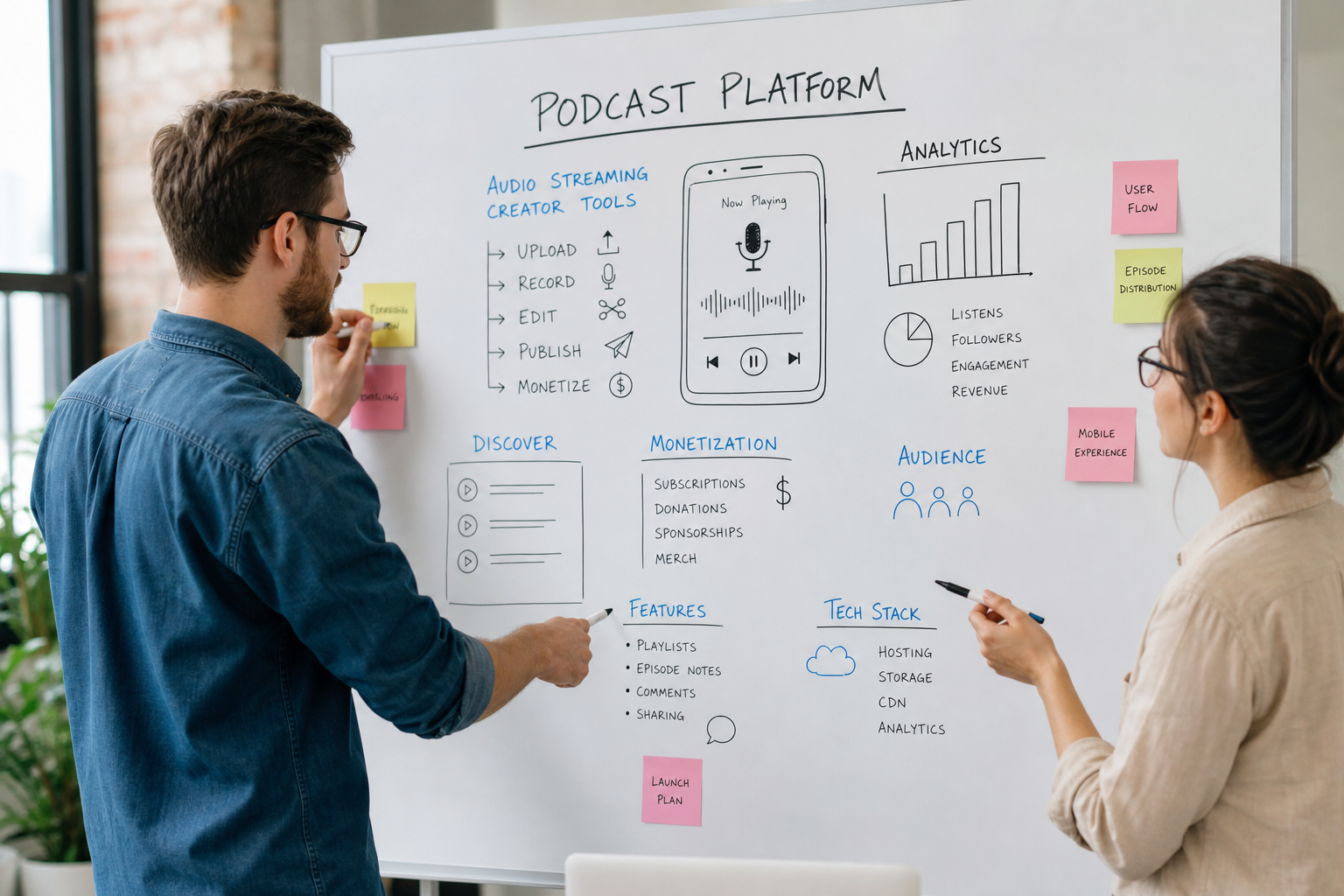 Podcast app development team planning audio streaming podcast discovery playlists downloads subscriptions creator tools premium content payments advertising analytics AI and administration