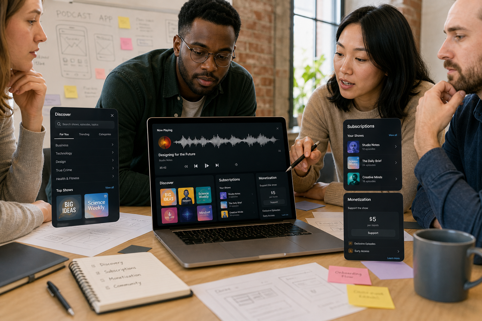 Podcast app development team planning audio streaming podcast discovery subscriptions creator tools playlists downloads monetization analytics AI and administration