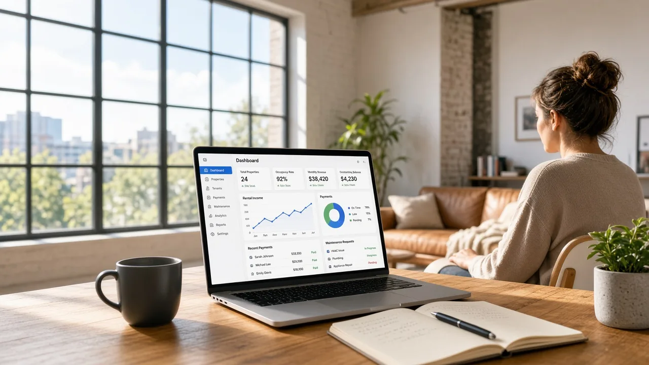 Property management software showing tenants, properties, leases, payments, maintenance, owners, vendors, and business analytics