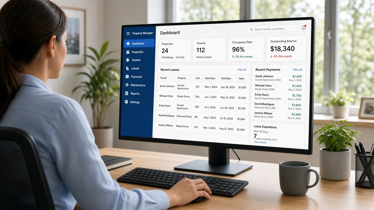 Property management software connecting tenants, property managers, payments, maintenance, leases, documents, and reporting