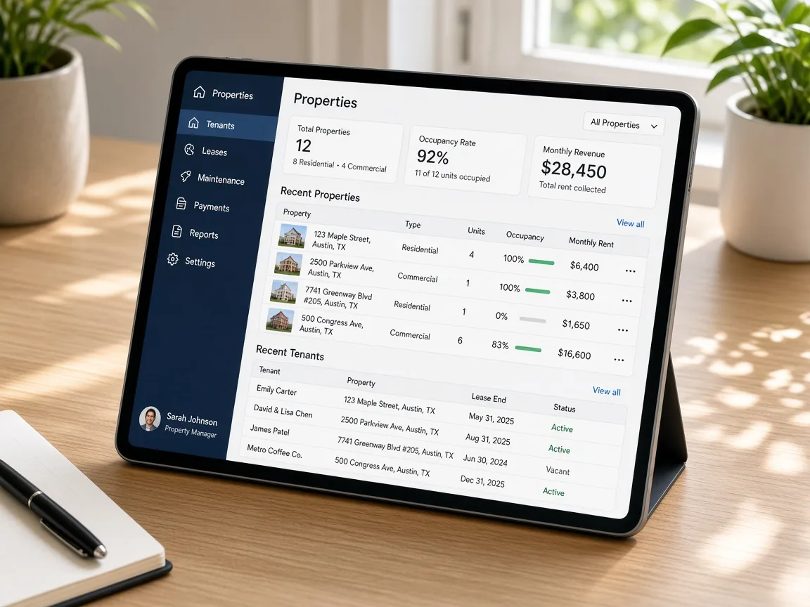 Property management platform showing properties, tenants, leases, payments, maintenance requests, and operational dashboards