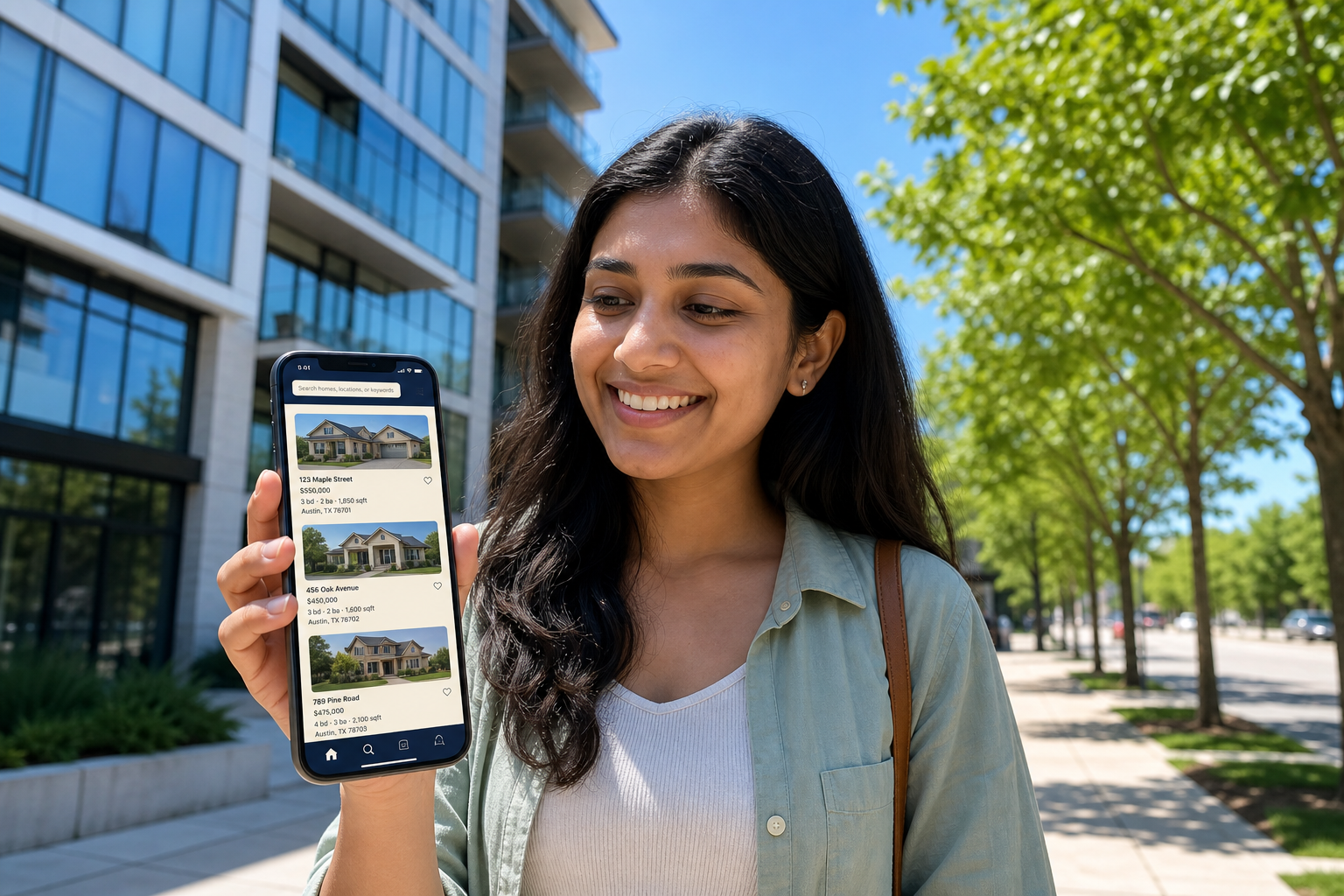 Young professional reviewing property listings on a smartphone outside a modern residential building