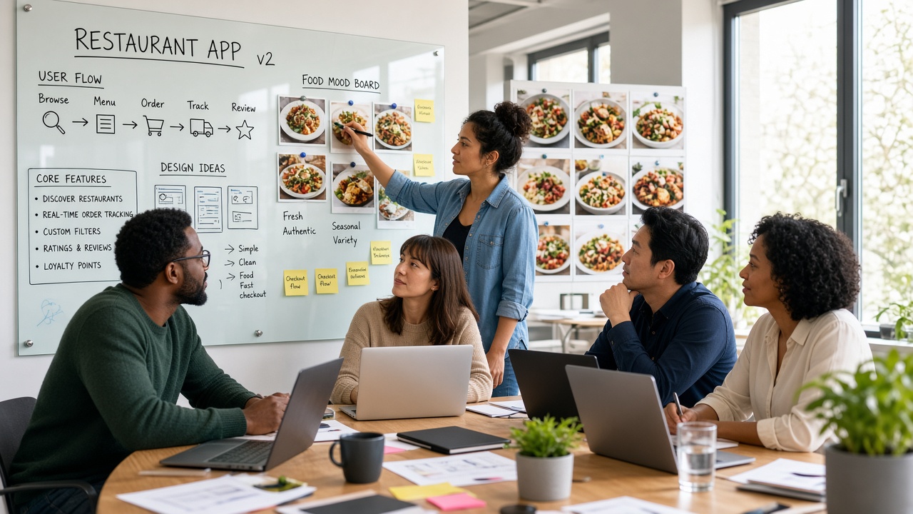Restaurant app development team planning digital menus food ordering table reservations payments delivery tracking loyalty reviews analytics AI and restaurant management