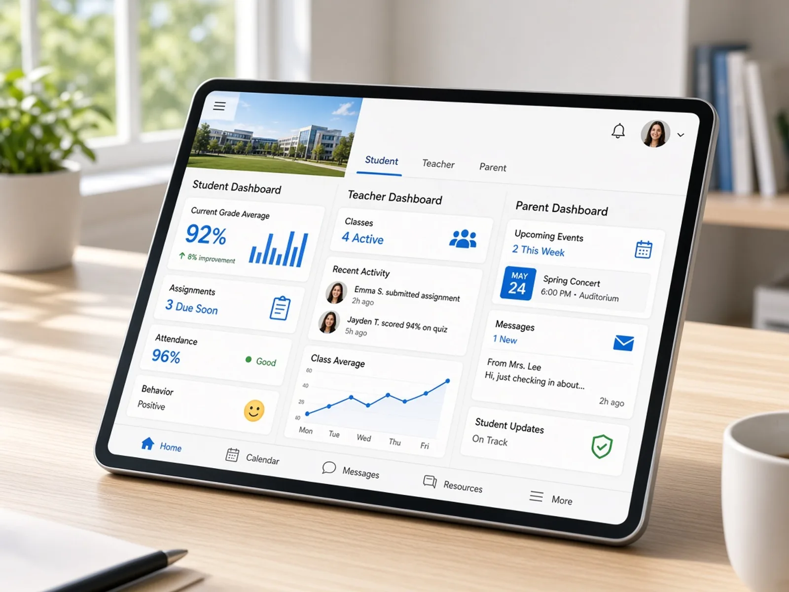 School management application connecting students, teachers, parents, and administrators with attendance, schedules, fees, exams, communication, and academic records