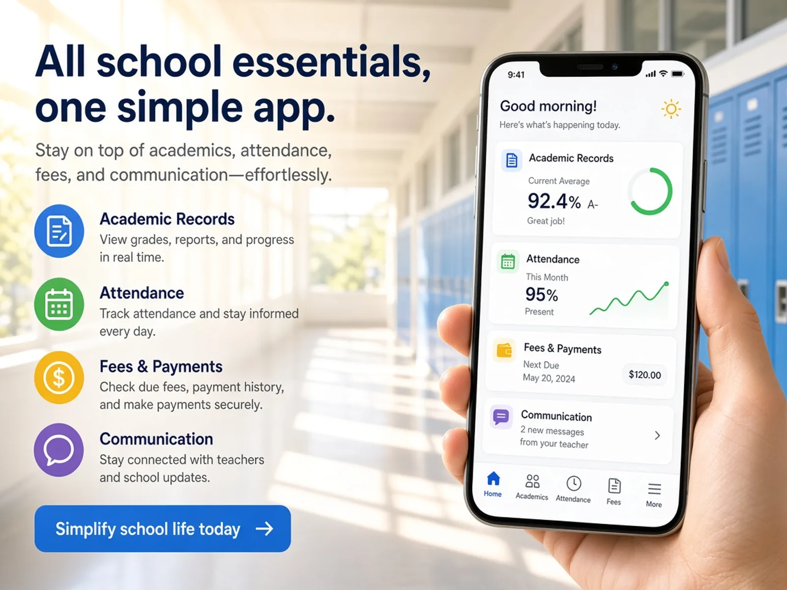 School management app concept showing student profiles, teacher workflows, parent communication, attendance, fees, exams, and administrative dashboards
