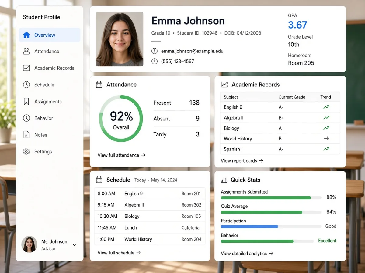Student app showing class schedules, assignments, attendance records, exam results, announcements, and academic progress