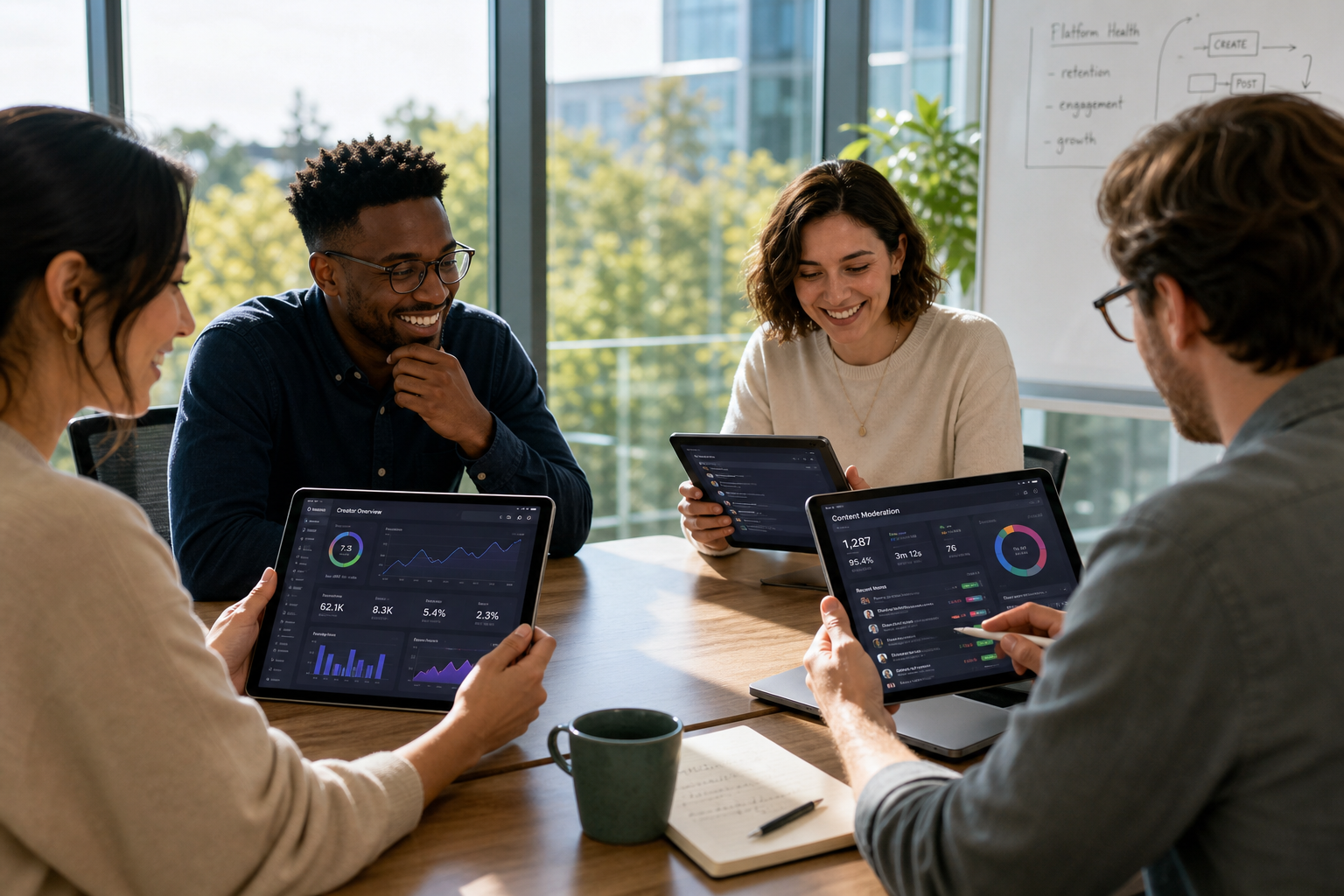 Social media technology team planning personalized feeds content sharing messaging live streaming communities creator tools notifications analytics moderation and administration