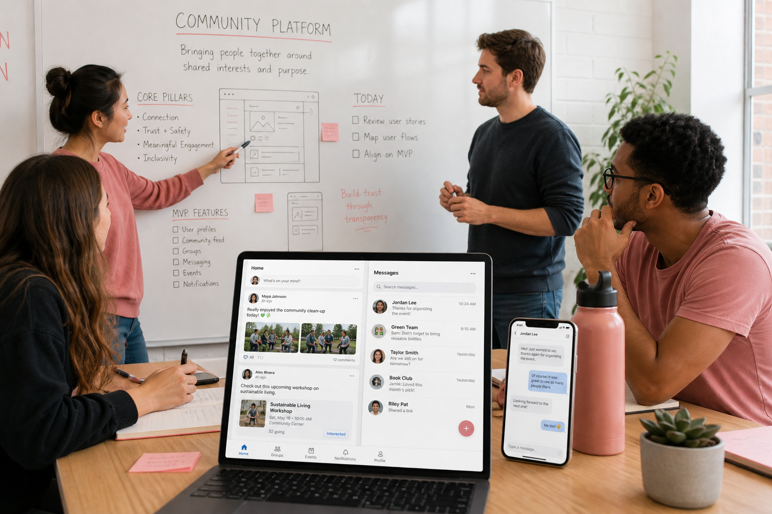 Social media technology team planning personalized feeds content sharing messaging live streaming communities creator tools notifications analytics moderation and administration