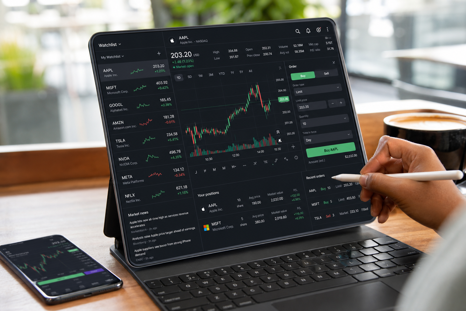 Custom stock trading application with market data watchlists portfolio tracking trading orders charts alerts analytics and administration