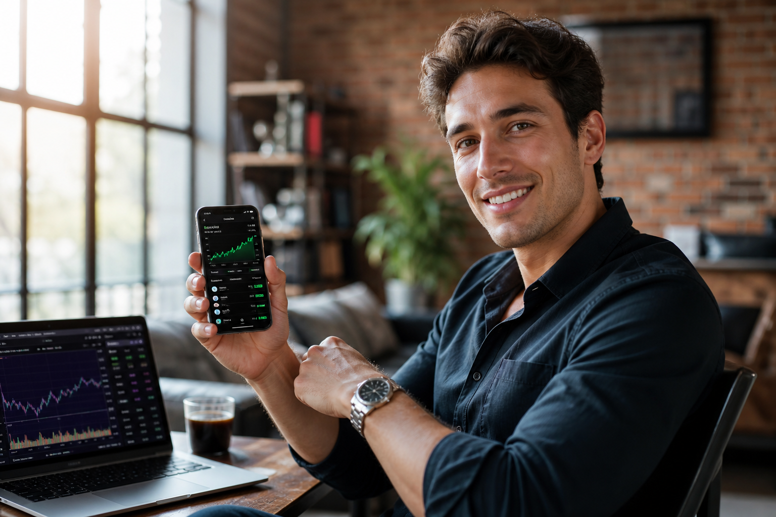 Investor using a stock trading app with real-time market data portfolio tracking watchlists trading orders charts and alerts in a bright modern financial office