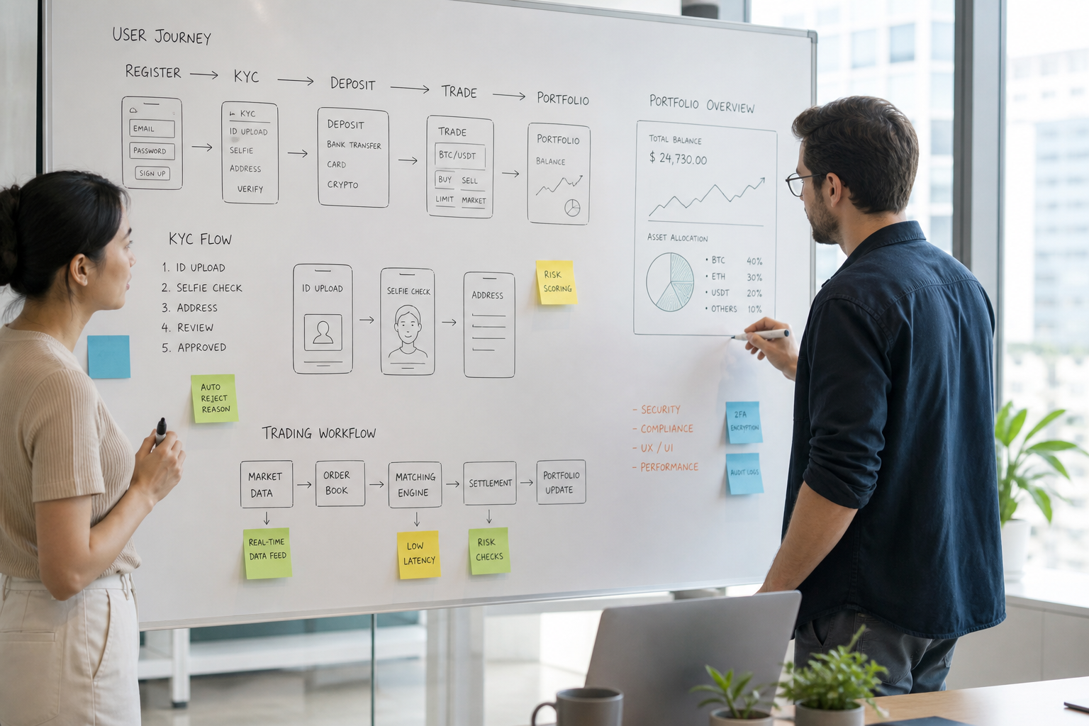Stock trading app development team planning market data stock discovery watchlists portfolios trading orders charts alerts KYC analytics security and administration