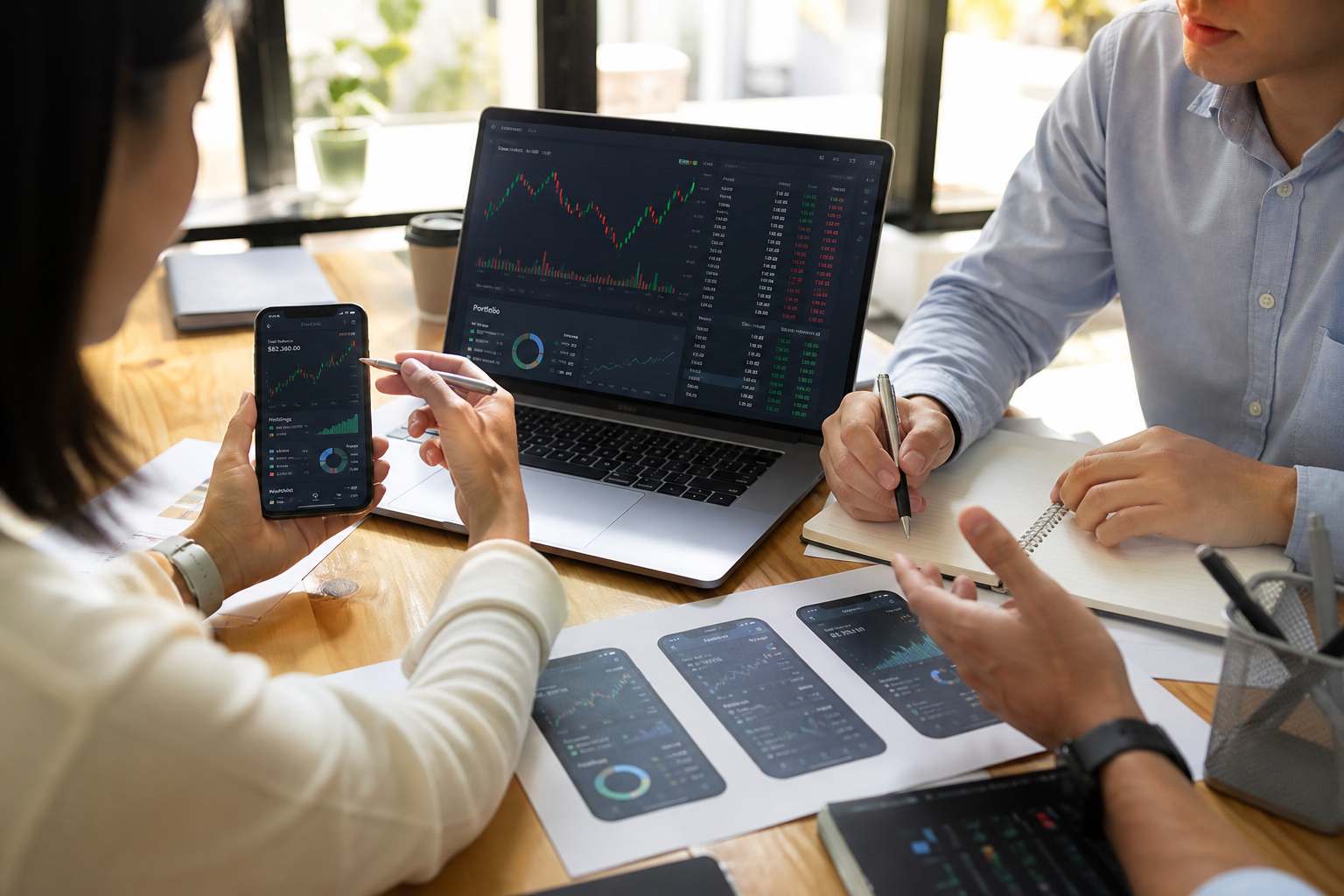 Stock trading app development team planning market data portfolio management trading orders watchlists charts KYC analytics security and administration