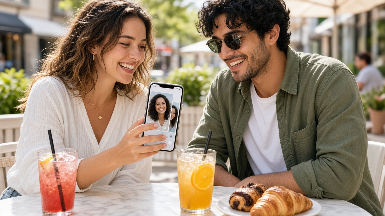 Young professionals browsing swipe dating profile cards on phones with likes matches and chat notifications in a bright modern cafe