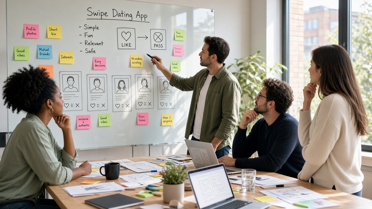Swipe dating app development team planning user profiles swipe discovery personalized matching chat verification subscriptions analytics AI privacy and administration
