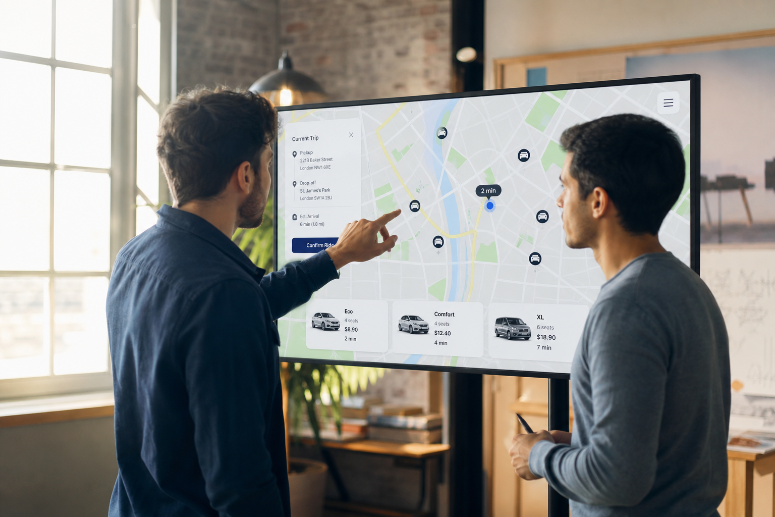 Taxi technology team planning passenger booking driver matching GPS tracking navigation payments fleet management and dispatch