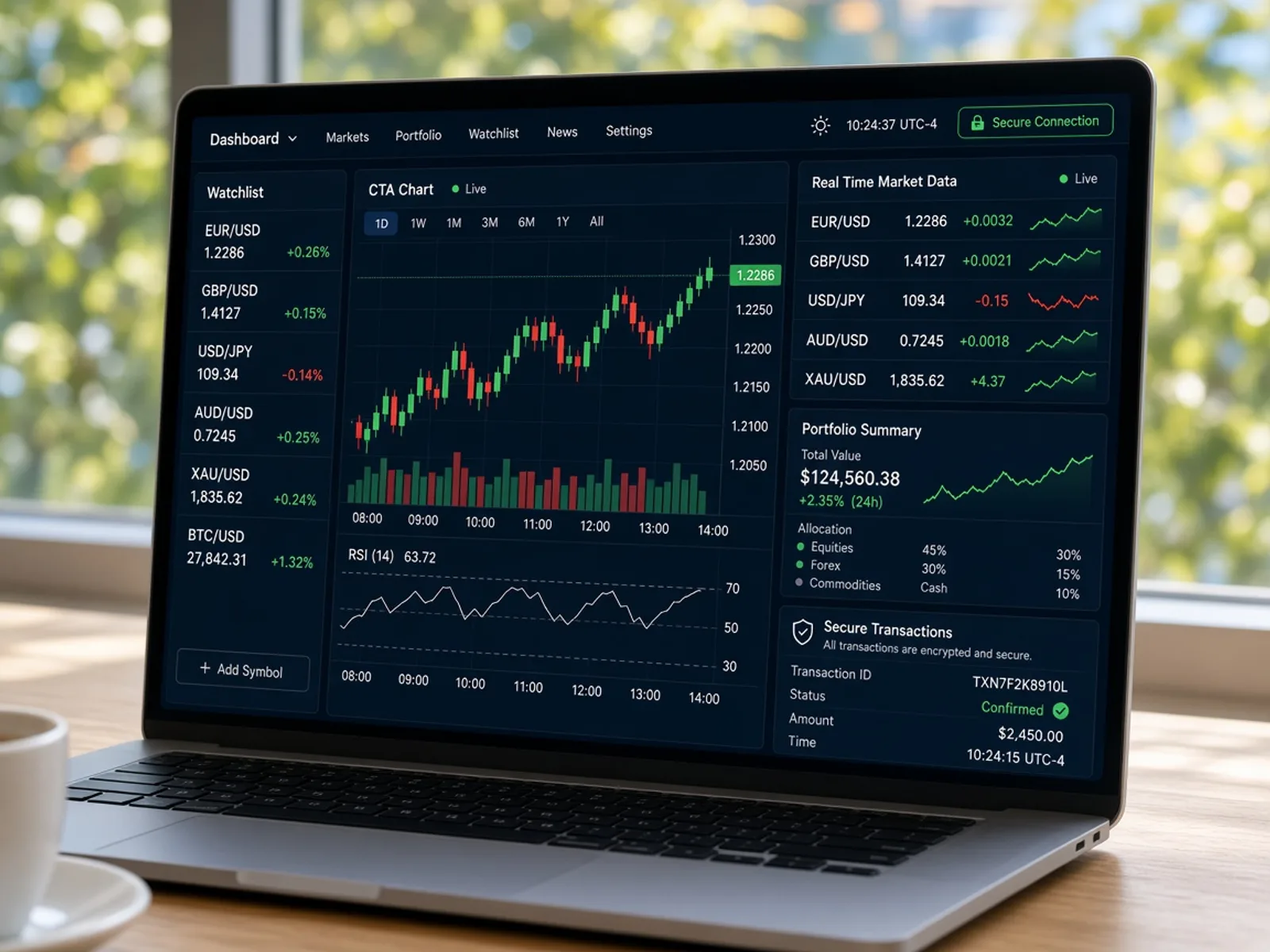 Trading software concept showing market charts, portfolio analytics, order management, secure transactions, and real time financial data