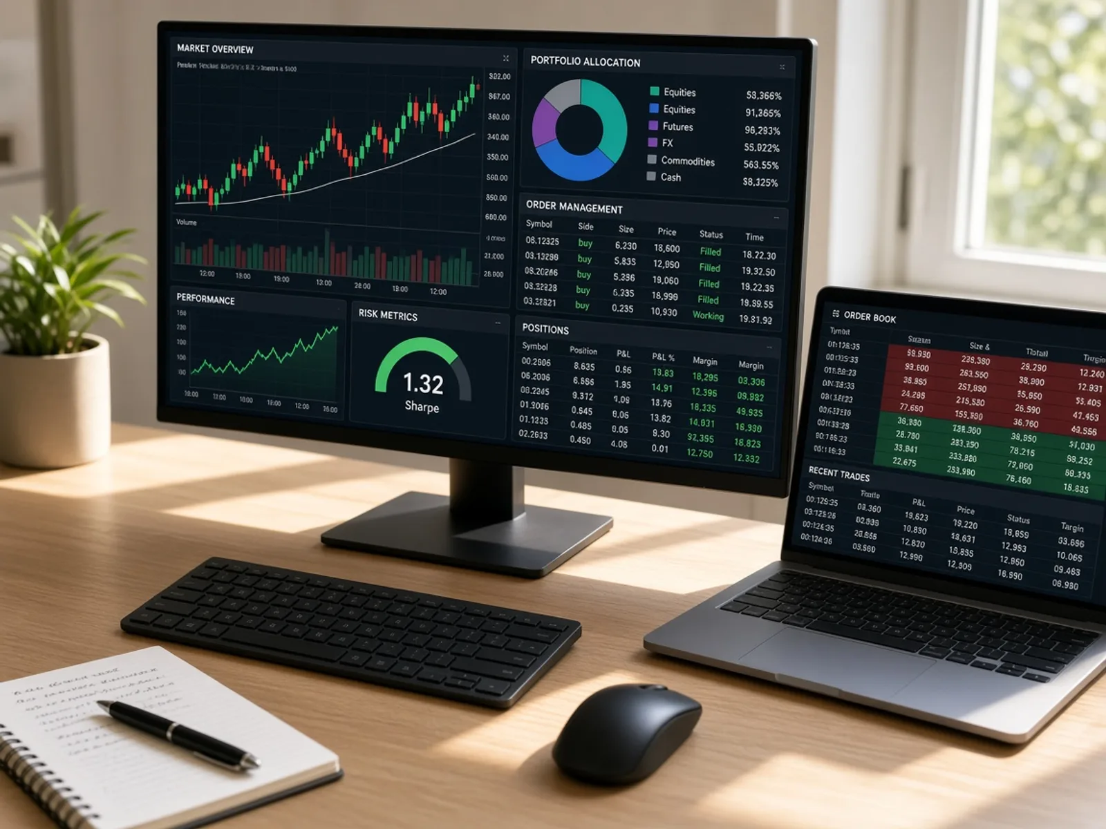 Trading software product showing market charts, portfolio analytics, order management, secure transactions, and real time data