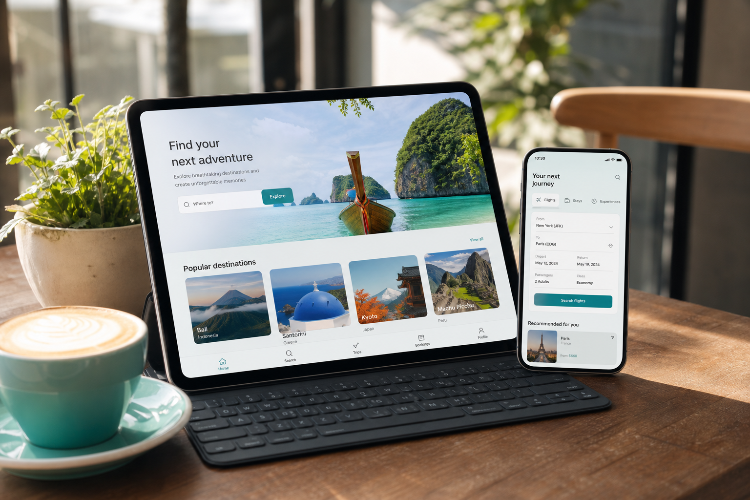 Travel app with destination discovery flight and hotel booking itinerary management maps payments notifications and customer support