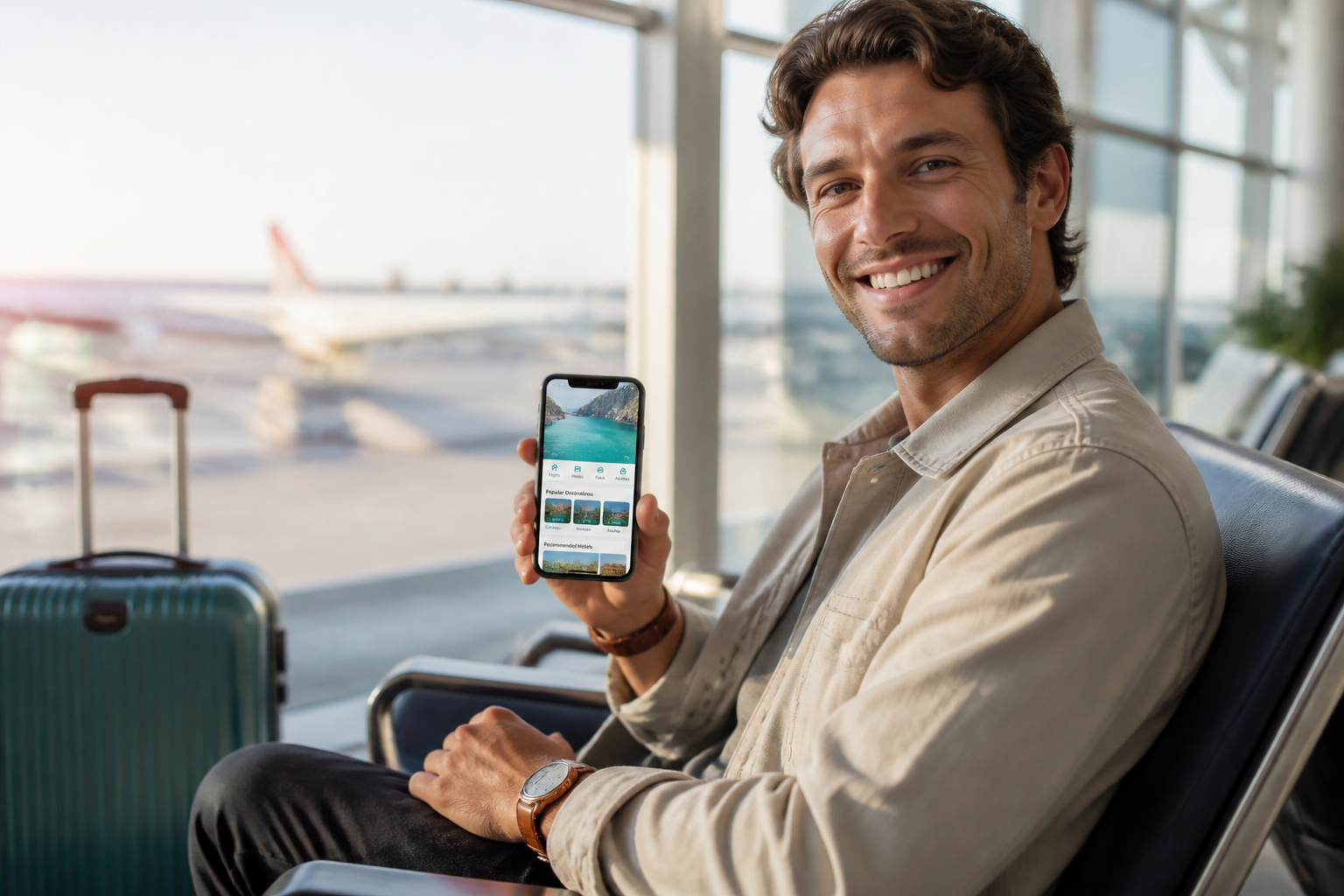 Bright destination discovery scene with travelers planning flights hotels and itineraries on a phone near a sunny window overlooking a coastal city skyline