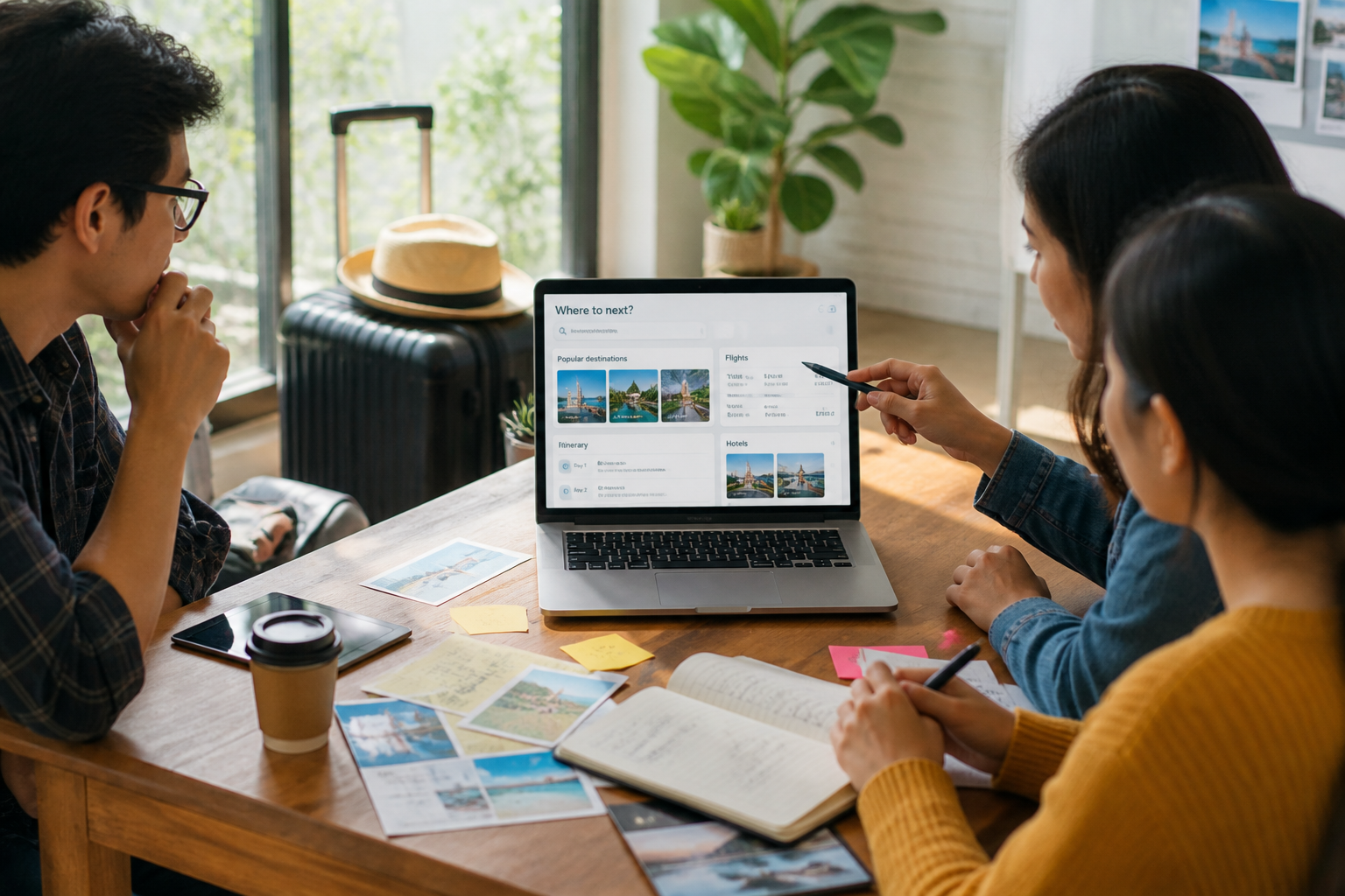 Travel app development team planning destination discovery flight hotel tour booking itinerary management maps payments notifications analytics and administration