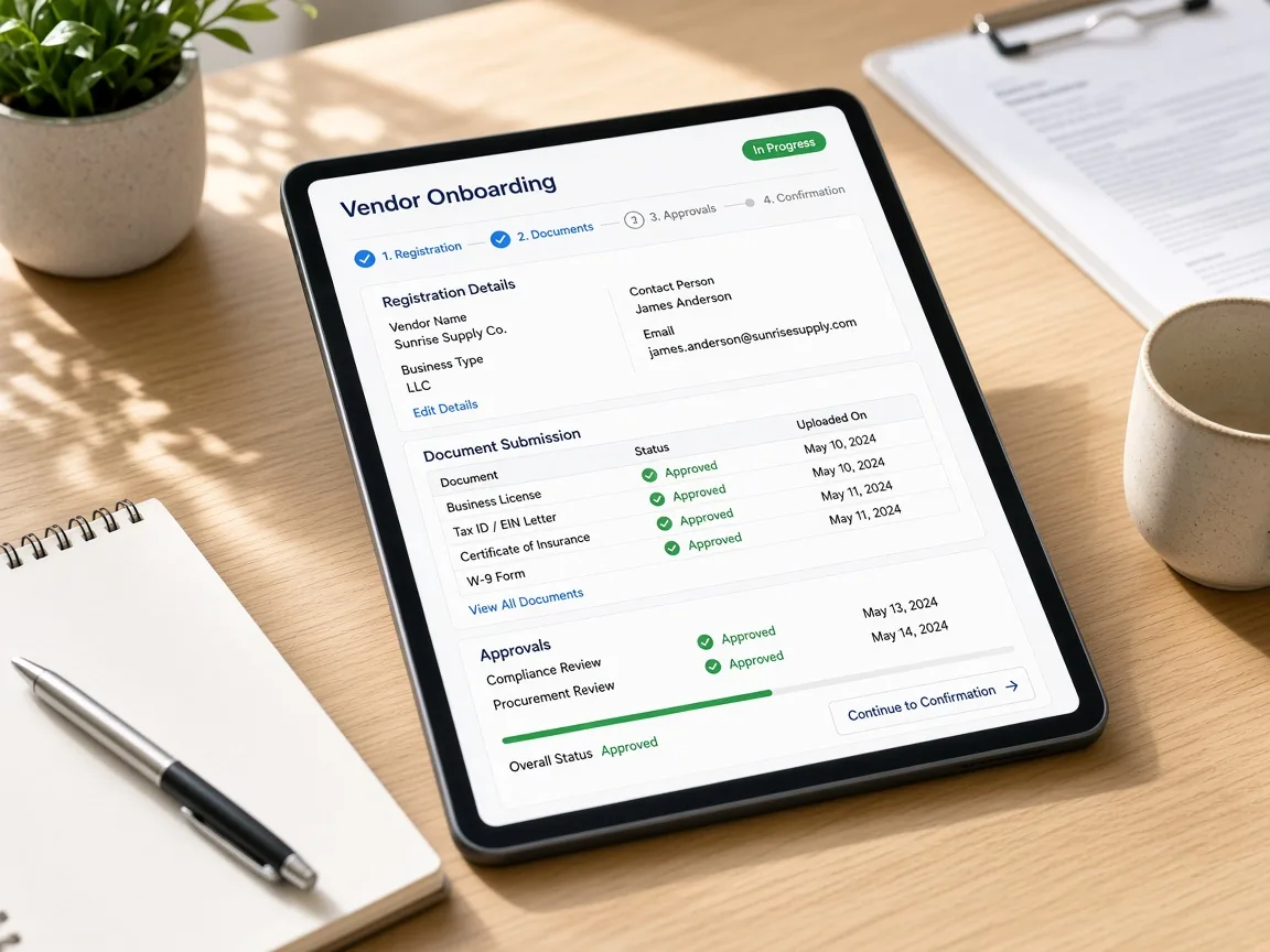 Vendor onboarding software showing supplier registration, document collection, verification, approvals, and profile management