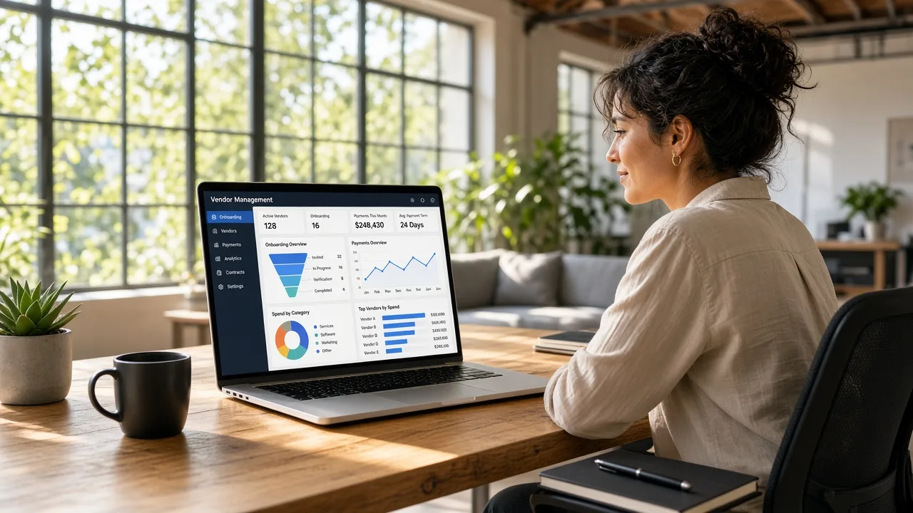 Vendor management software showing supplier onboarding, contracts, compliance, procurement workflows, payments, and performance analytics