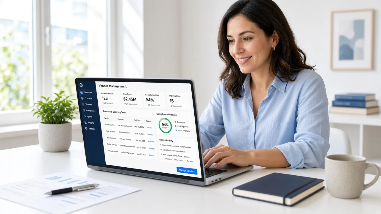 Vendor management platform connecting suppliers, procurement teams, contracts, compliance, payments, approvals, and performance analytics