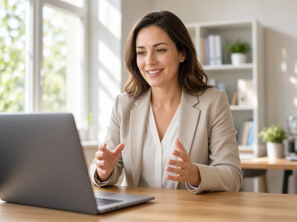 Video conferencing platform showing virtual meetings, screen sharing, participant controls, messaging, collaboration, and recording