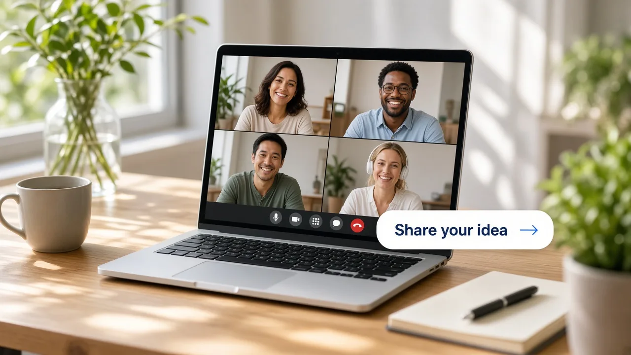 Video conferencing product concept with virtual meetings, screen sharing, messaging, collaboration, recordings, and participant management