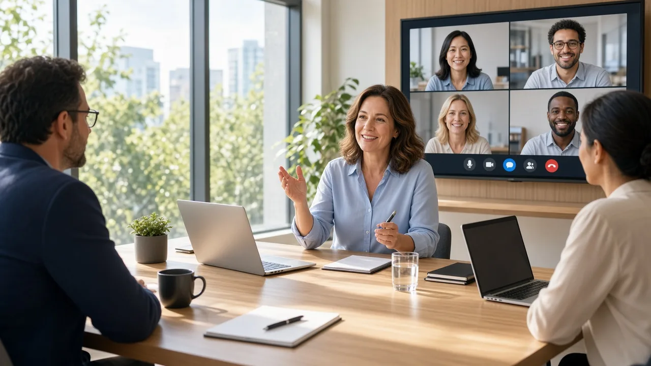 Video conferencing platform showing virtual meetings, screen sharing, participant controls, messaging, collaboration, and recording