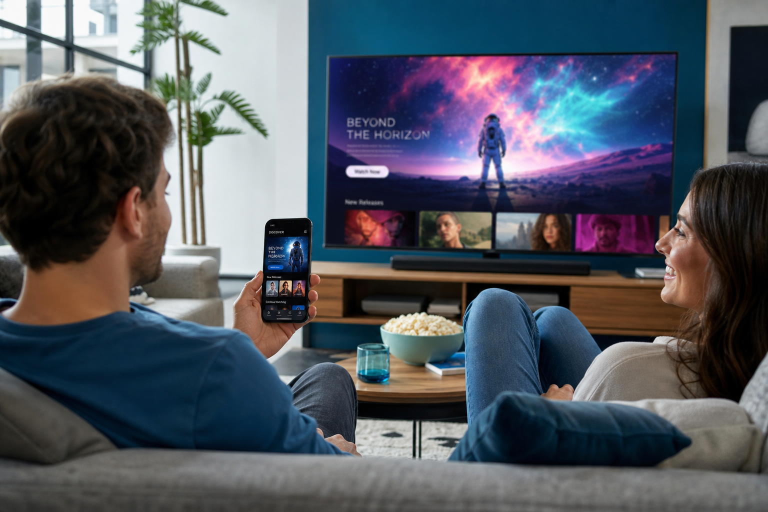 Person watching a bright video streaming app with live content and personalized recommendations on a smartphone in a modern living room