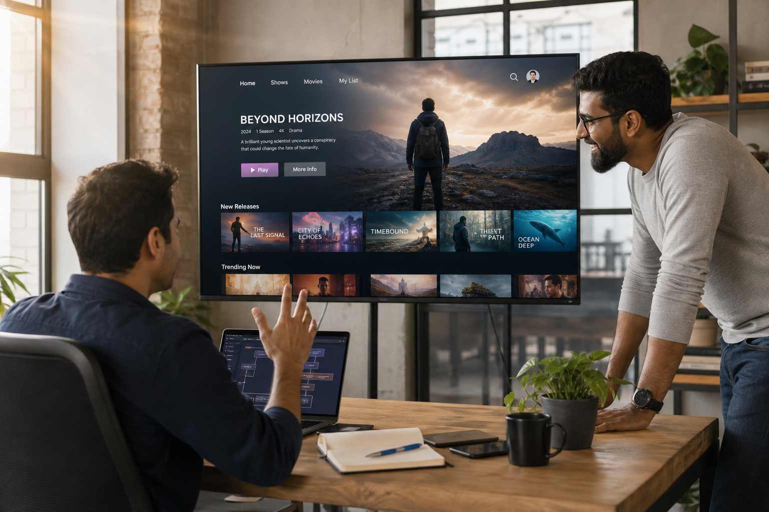 Video streaming technology team planning live streaming VOD OTT subscriptions DRM content management and analytics