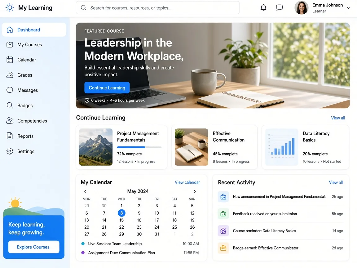 Moodle Inspired Learning Platform virtual classroom software app preview