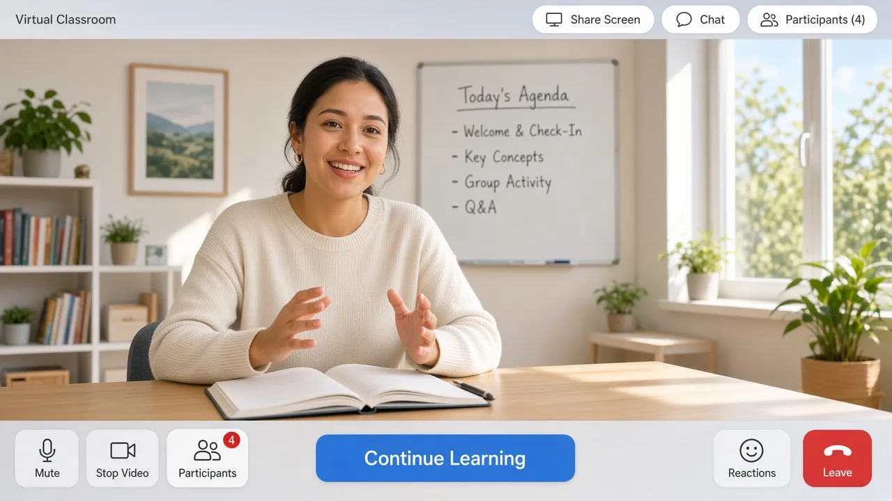 Virtual classroom platform connecting instructors and learners through video classes, collaboration tools, assessments, and digital resources