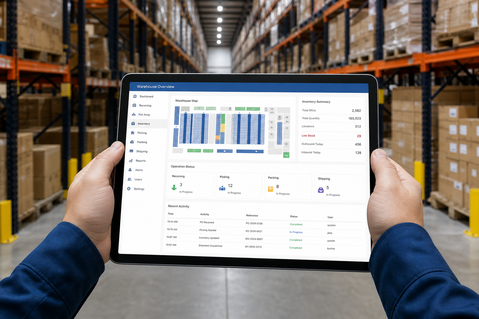 Custom warehouse management application with inventory tracking barcode scanning stock transfers receiving picking packing shipping and real-time visibility