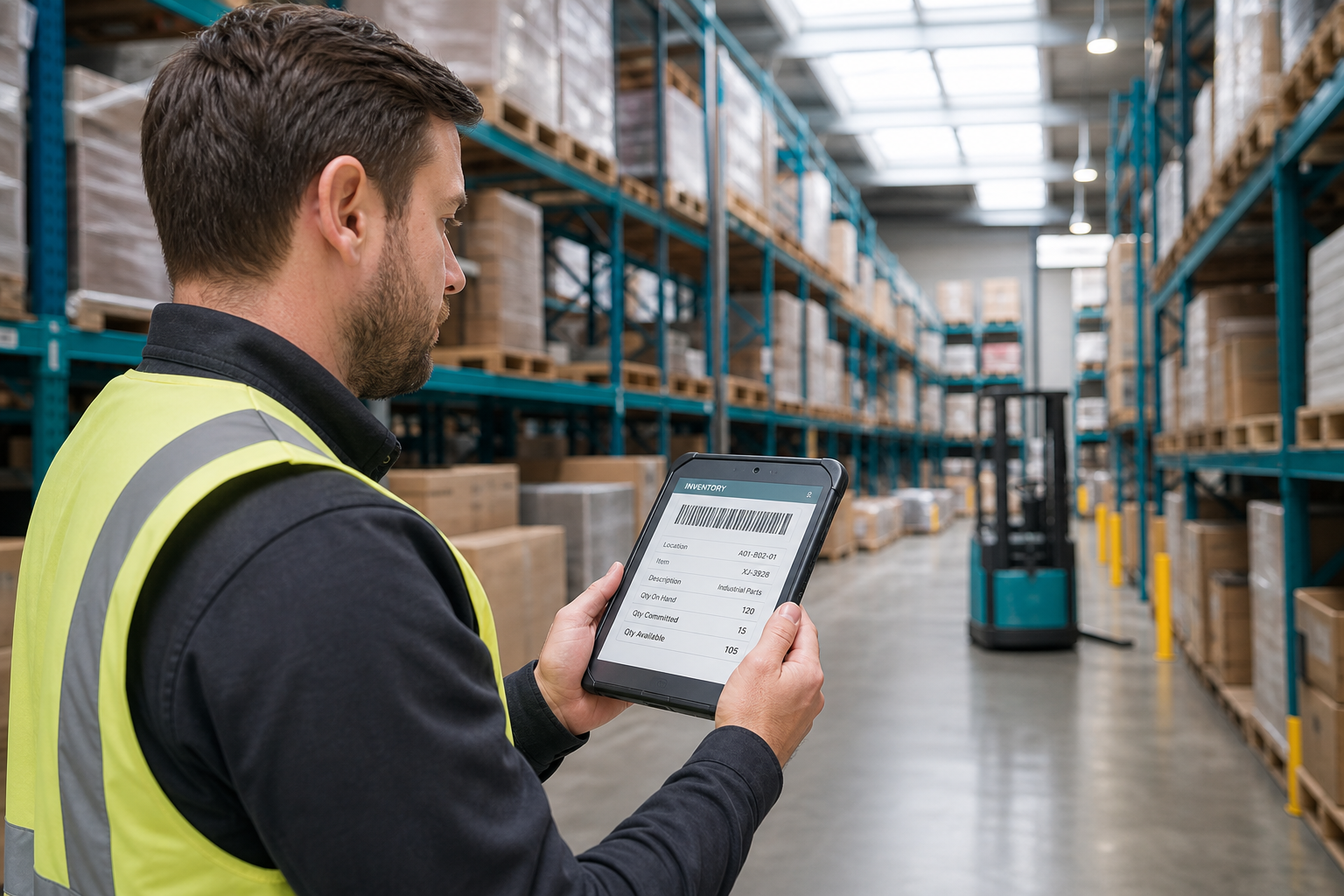 Warehouse operations team using barcode scanners and a warehouse management app among organized pallet racks in a bright modern distribution center
